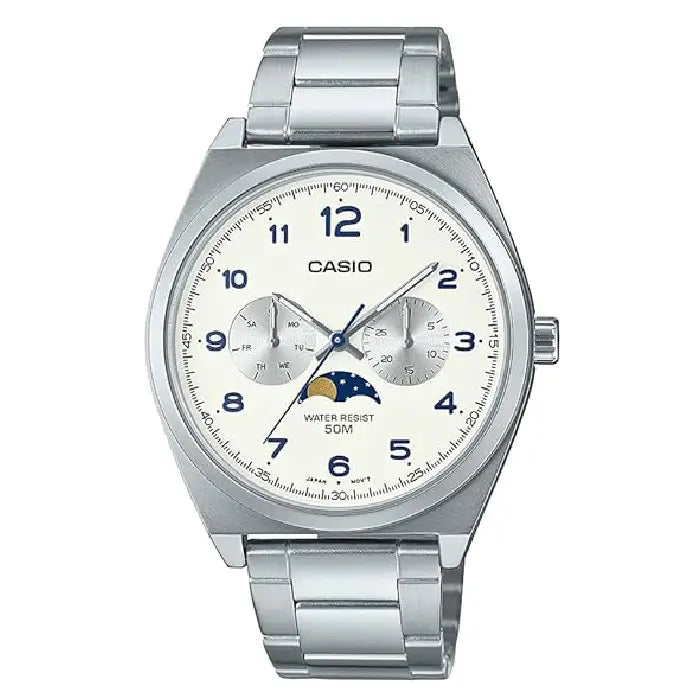 Casio Enticer MTP-M300D-7AVDF Multi-Hand Moon Phase Analog White Dial Stainless Steel Men's Watch