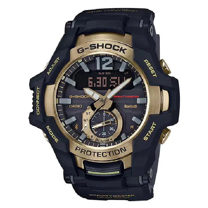 Casio G-Shock Gravitymaster GR-B100GB-1A Analog-Digital Tough Solar Bluetooth Black and Gold 53.8mm Resin Strap Men's Watch