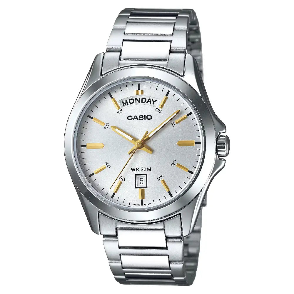 Casio Enticer Analog Day-Date MTP-1370D-7A2VDF Silver Dial Stainless Steel Men's Watch