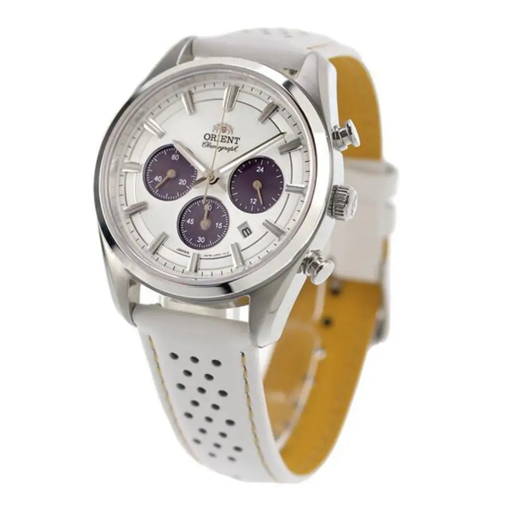 Orient Contemporary Solar Quartz RN-TX0308S Silver Dial Leather Strap Men's Watch