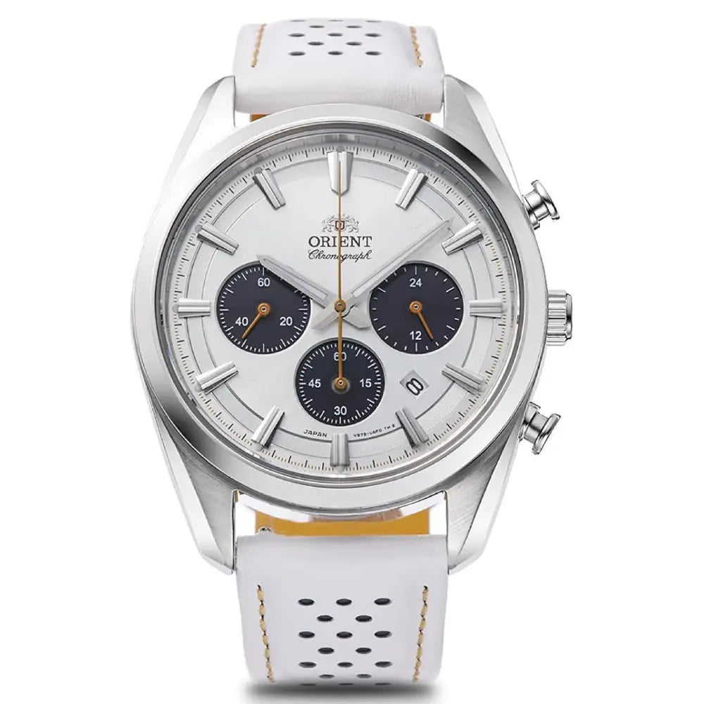 Orient Contemporary Solar Quartz RN-TX0308S Silver Dial Leather Strap Men's Watch