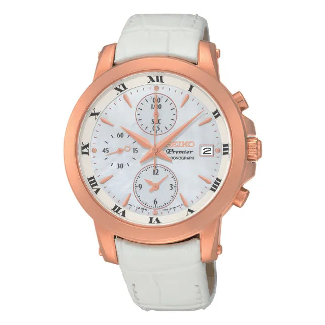 Seiko Premier SNDV66P1 Chronograph White Dial Leather Strap Women's Watch