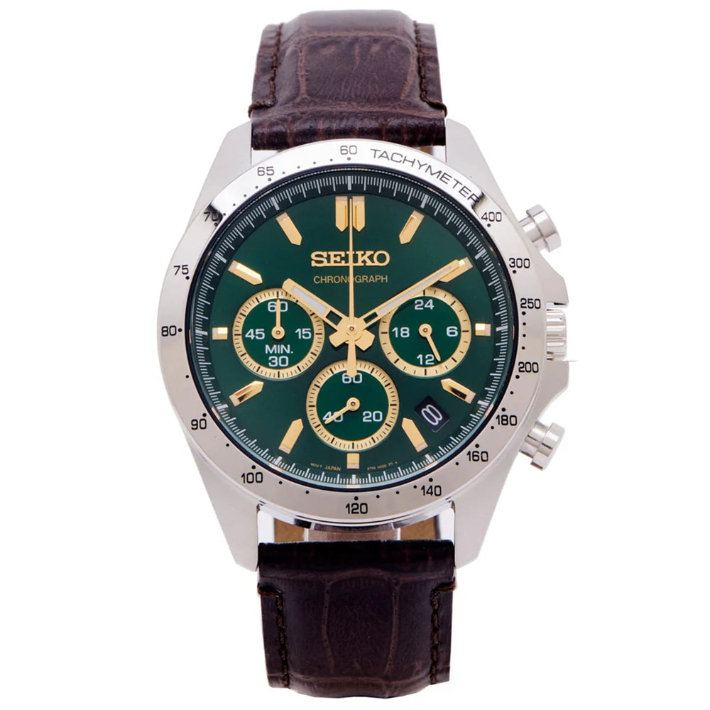 Seiko Spirit Chronograph SBTR017 Green Dial 39.8mm Leather Strap Men's Watch