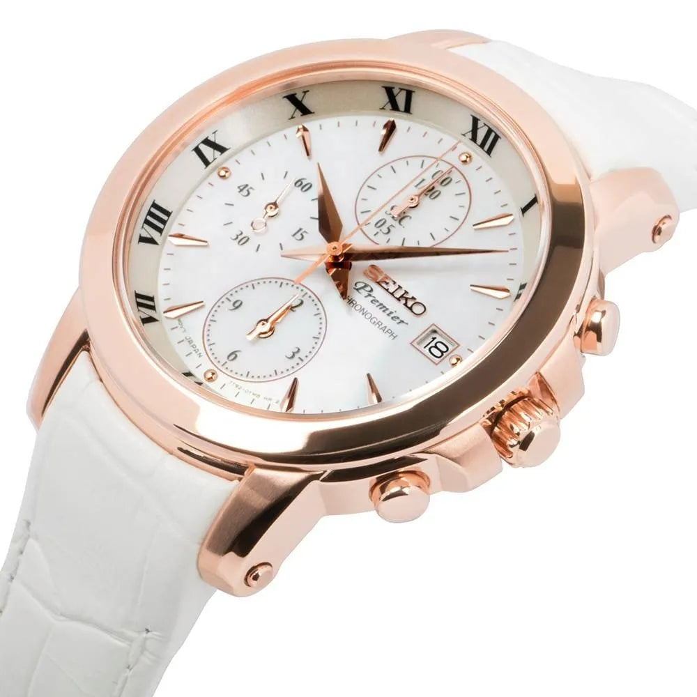 Seiko Premier SNDV66P1 Chronograph White Dial Leather Strap Women's Watch