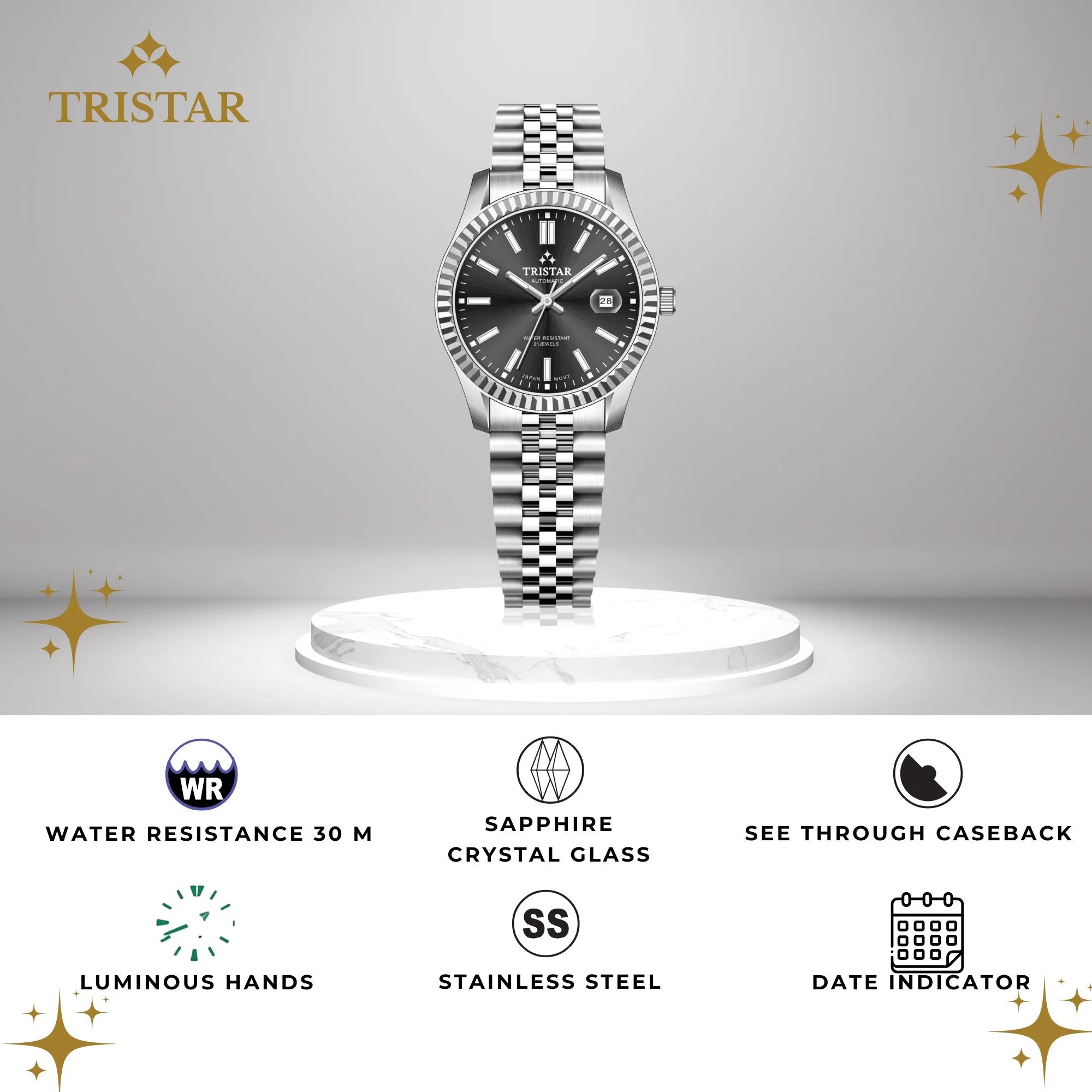 Tristar RD-Series Automatic Black Dial 40mm Stainless Steel Men's Watch - RD31BMSSM02