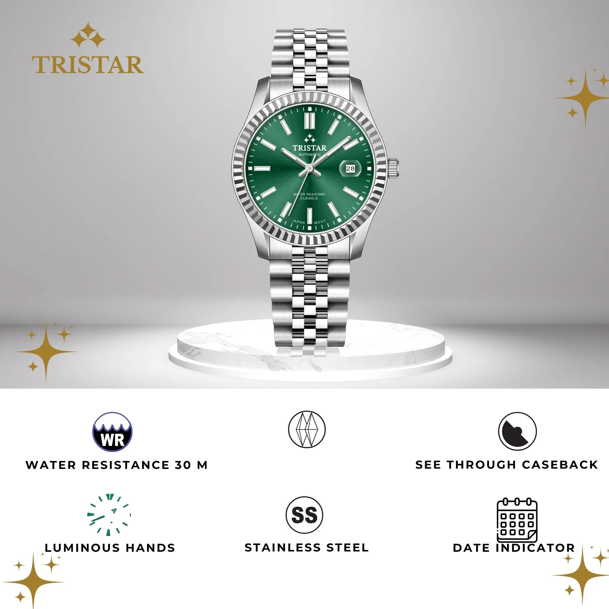Tristar RD-Series Automatic Green Dial 40mm Stainless Steel Men's Watch - RD31GMSSM02