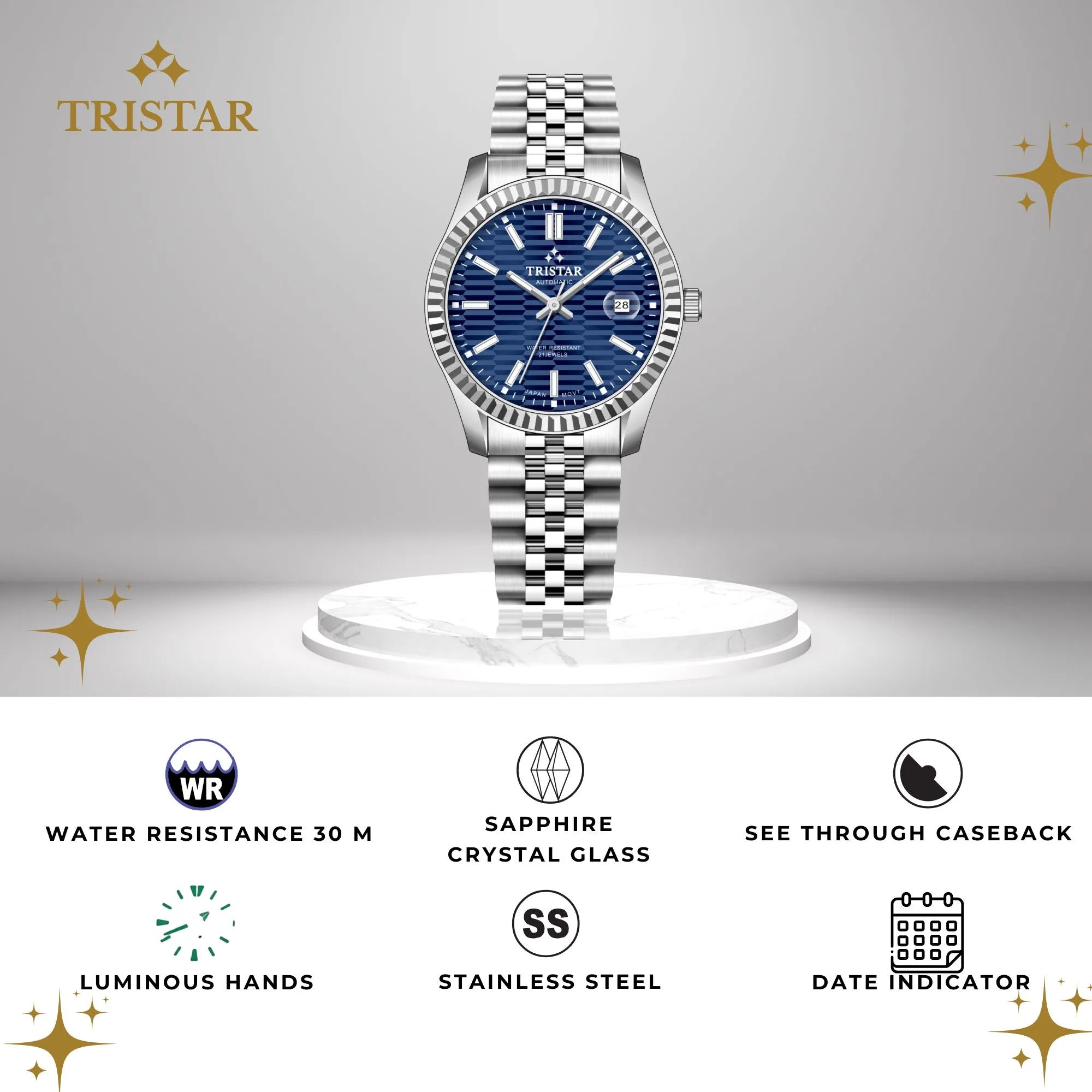 Tristar Automatic Fluted Motif Navy Blue Dial 40mm Stainless Steel Men's Watch -  RM31DMSSM02