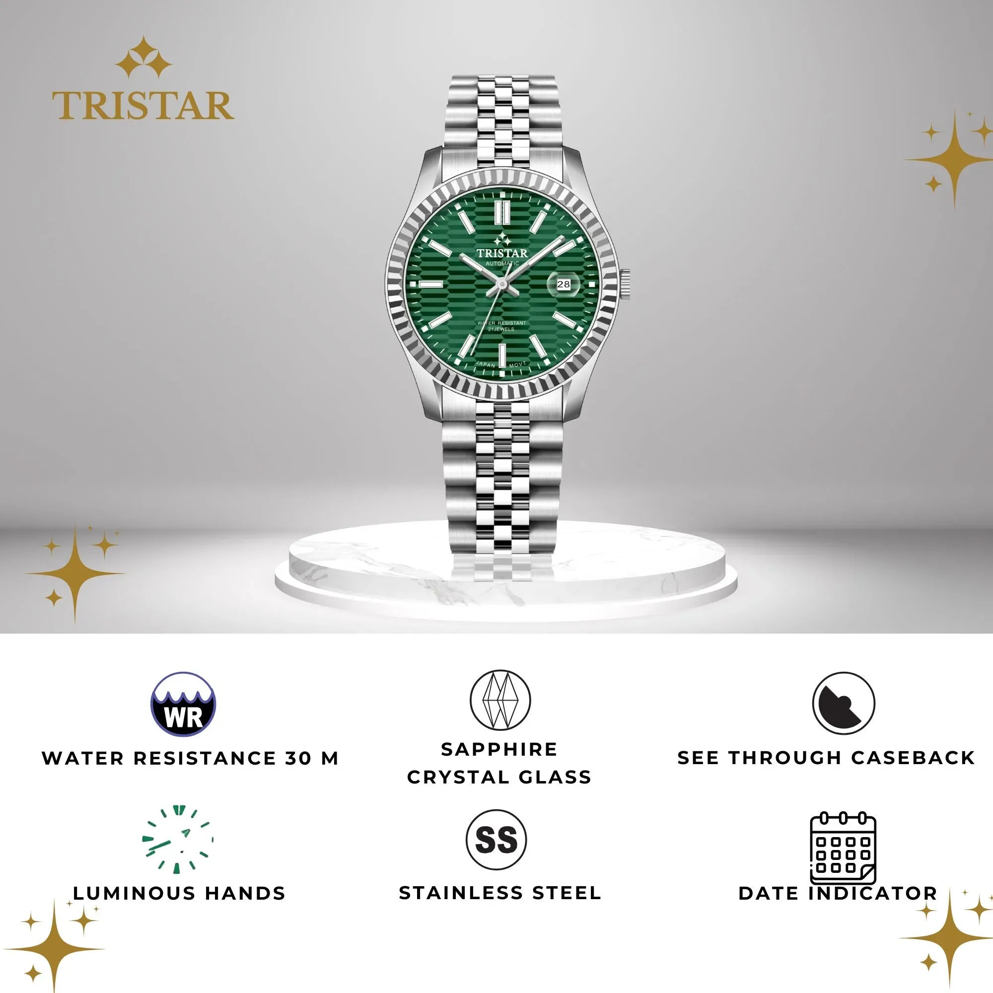 Tristar Automatic Fluted Motif Green Dial 40mm Stainless Steel Men's Watch - RM31GMSSM02