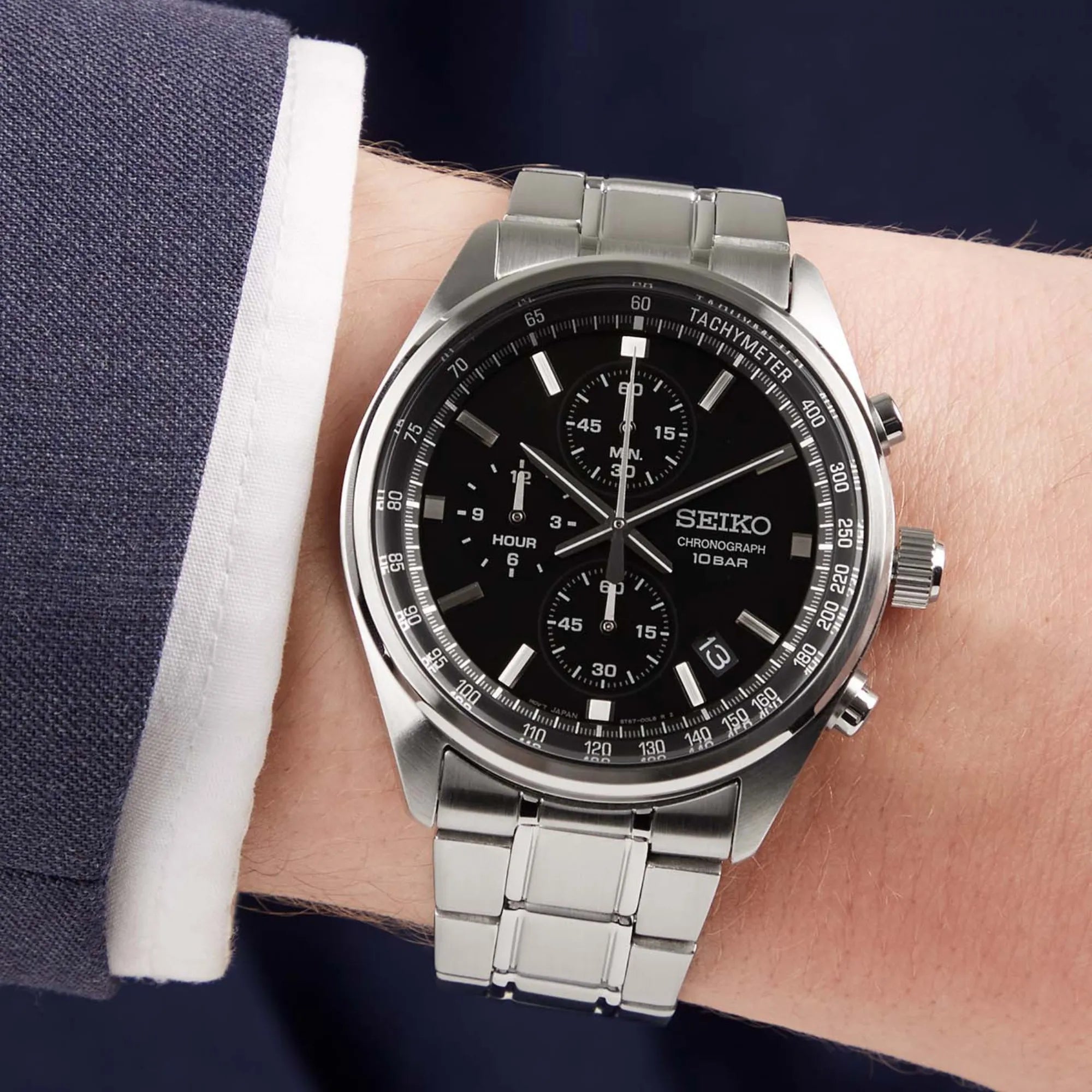 Seiko Chronograph SSB379P1 Black Dial Quartz Stainless Steel Men's Watch
