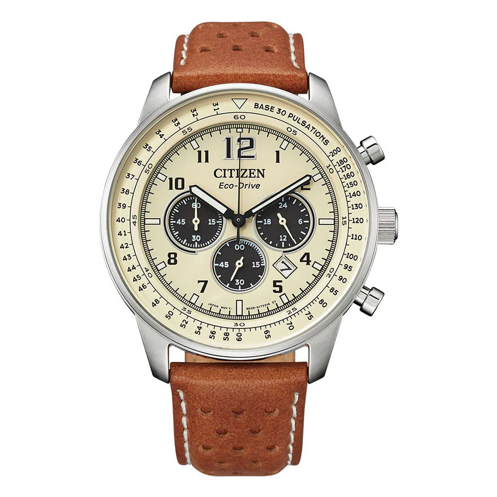 Citizen CA4500-16X Eco-Drive Chronograph Beige Dial Leather Strap Men's Watch