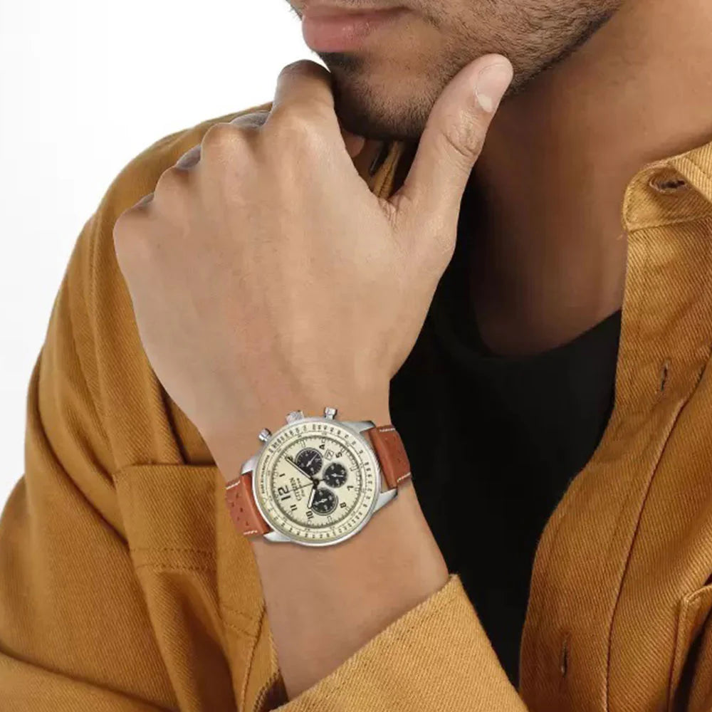 Citizen CA4500-16X Eco-Drive Chronograph Beige Dial Leather Strap Men's Watch