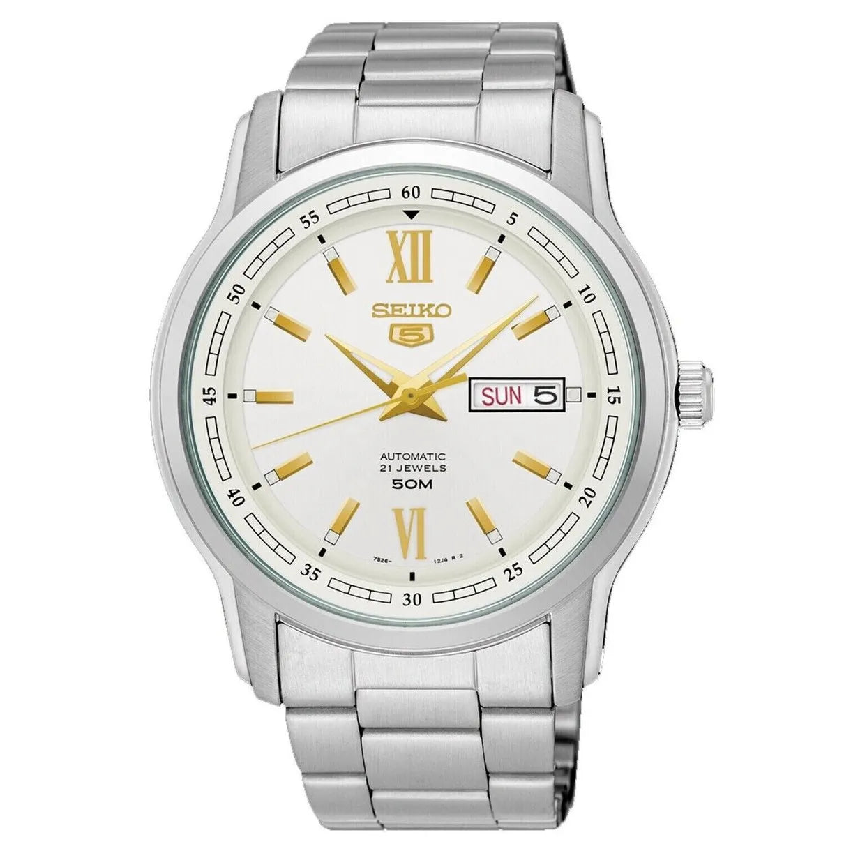 Seiko 5 SNKP15K1 21 Jewels Automatic Classy White and Gold Dial Stainless Steel Men's Watch