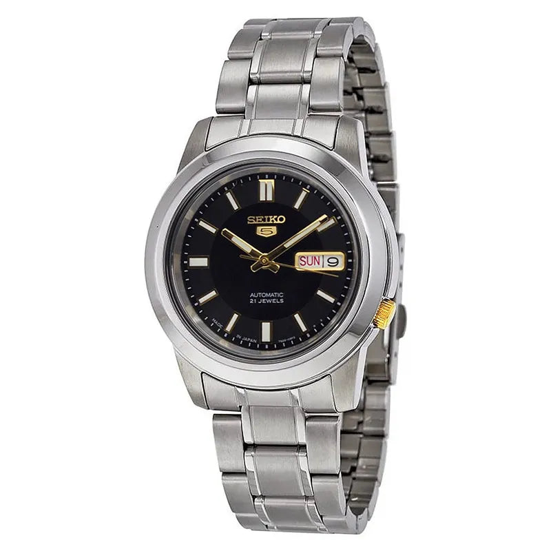 Seiko 5 SNKK17J1 21 Jewels Automatic Black and Gold Dial Stainless Steel Men's Watch