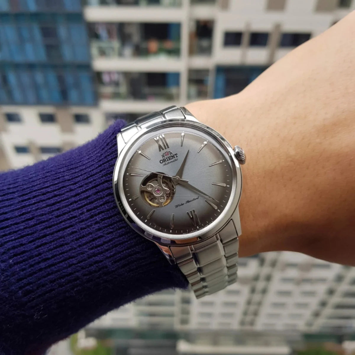 Orient Bambino RA-AG0029 Automatic Open Heart Grey Dial Leather Strap Men's Watch
