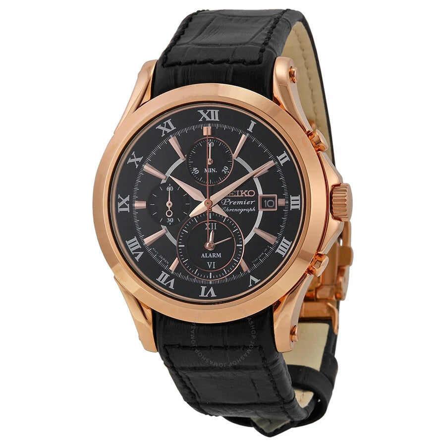 Seiko Premier SNAF24P1 Alarm Chronograph Sapphire Black Dial Leather Men's Watch