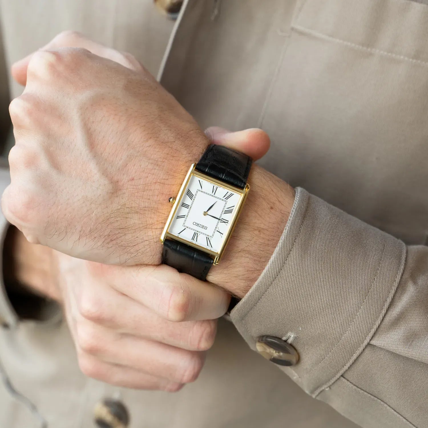 Seiko Essentials SWR052P1 (Seiko Tank) Gold-Tone Rectangular White Dial Leather Strap Men's Watch