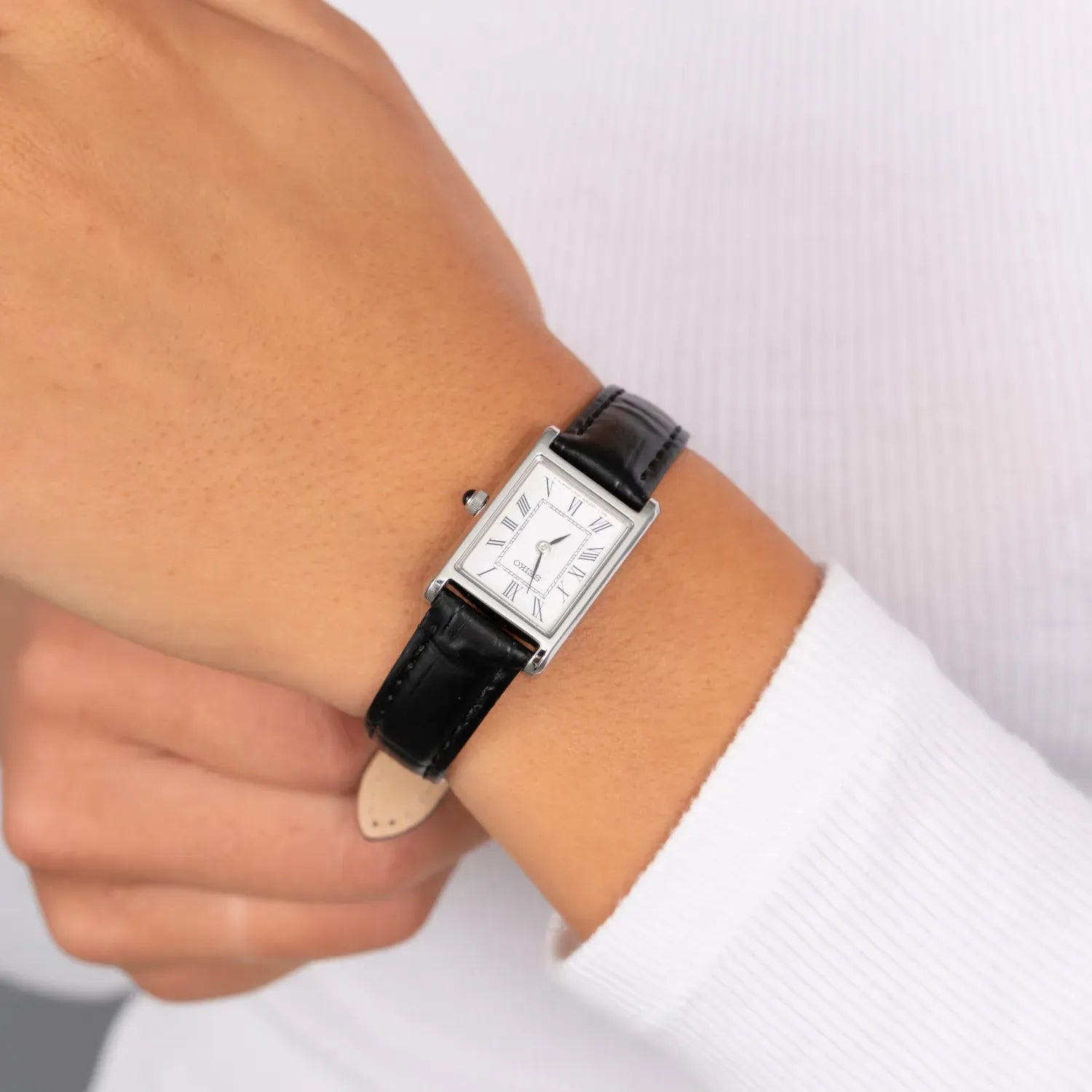 Seiko Essentials SWR053P1 (Seiko Tank) Rectangular White Dial Leather Strap Women's Watch