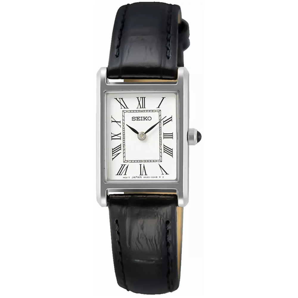 Seiko Essentials SWR053P1 (Seiko Tank) Rectangular White Dial 18.9mm Leather Strap Women's Watch