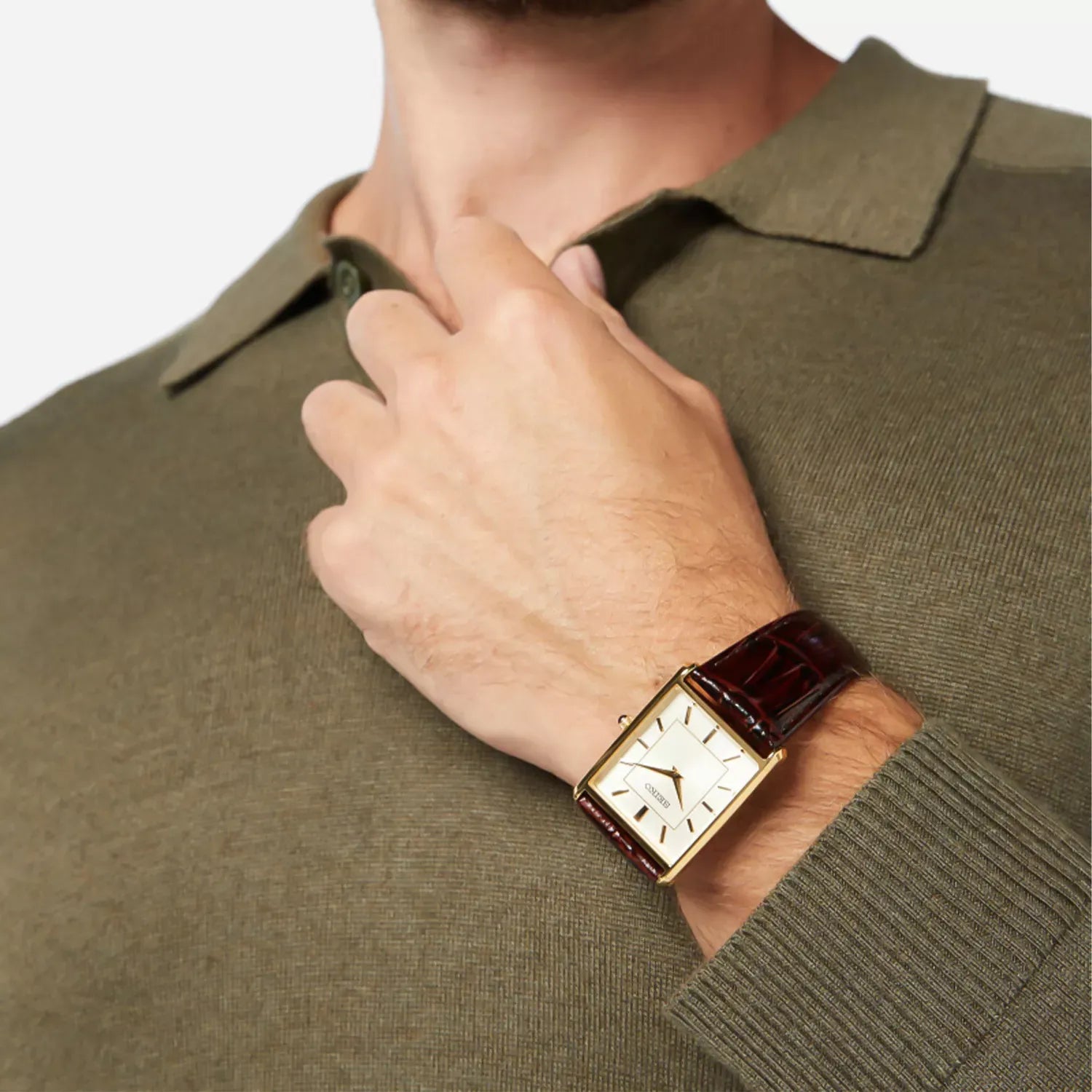 Seiko Essentials SWR064P1 (Seiko Tank) Gold-Tone Rectangular & Champagne Dial Leather Strap Men's Watch