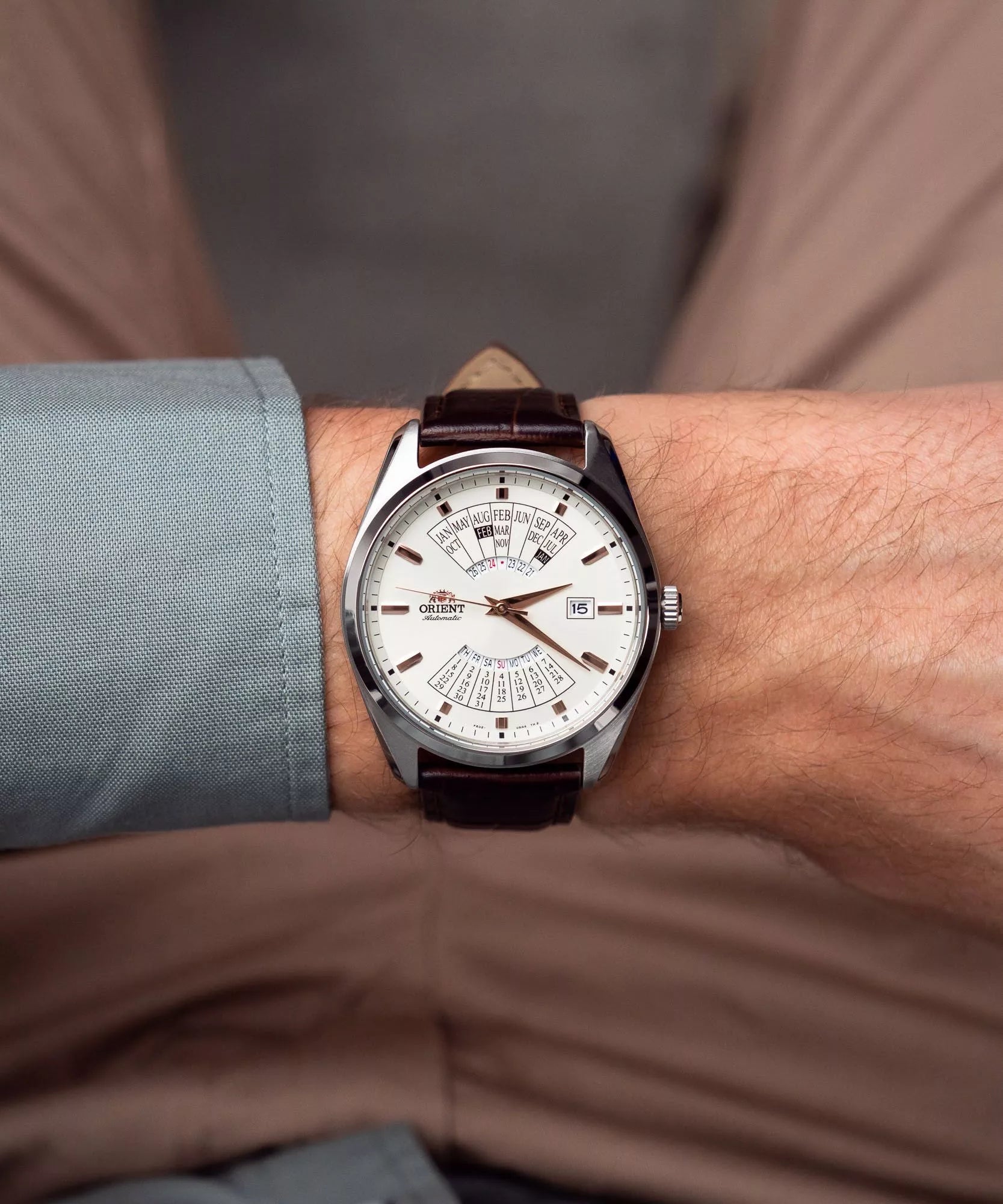 Orient RA-BA0005S30B men's watch white dial leather strap close-up